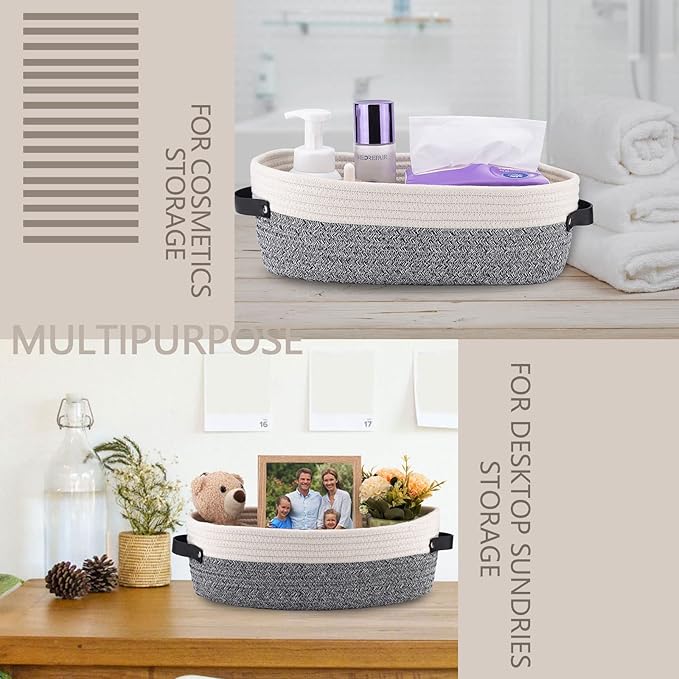 Oradrem Small Cotton Rope Woven Basket Toilet Paper Baskets for Organizing Decorative Basket for Boho Decor Small Storage Basket 13"x5.9"x4" Variegated Gray&White