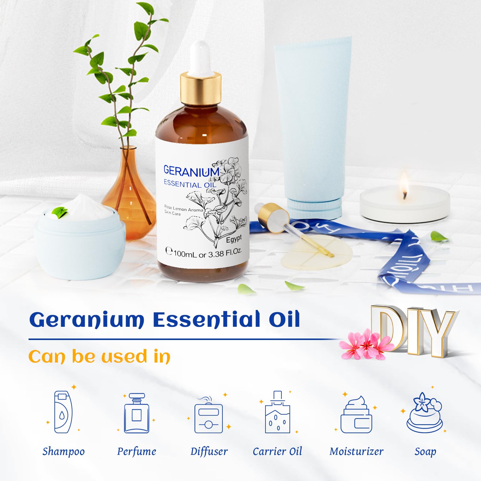 HIQILI Geranium Essential Oil for Skin Care & Aromatherapy diffusing