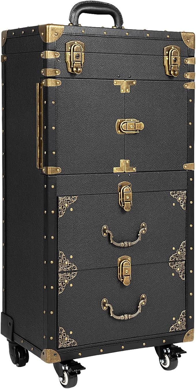 RocoReny Beauty Salon Luggage with Makeup Hairdressing Tools Storage,32 In-Retro Travel Organizer Tool Box with Hair Dryer Holder for Stylist,Beauty,Makeup Artist (Black 31.7in)