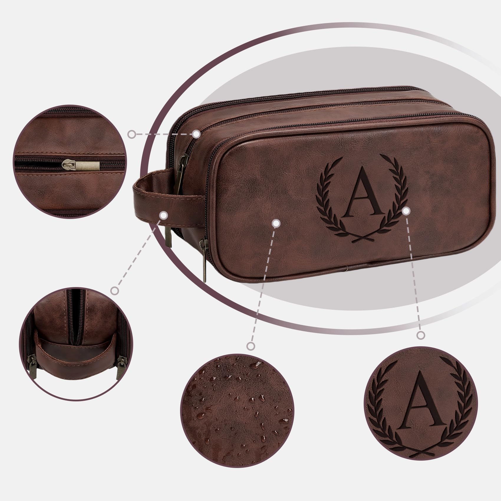 Travel Toiletry Bag For Mens PU Leather Engraved Initials (Dark Brown M)