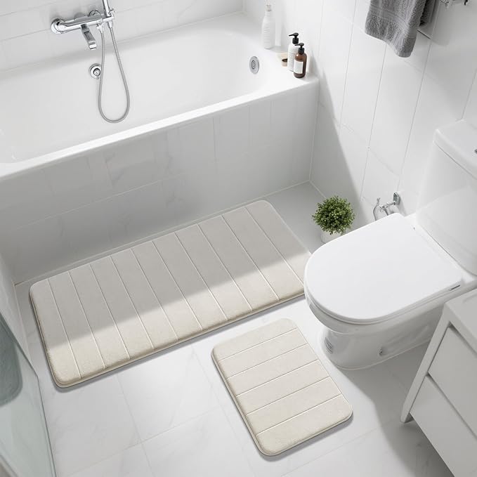 Yimobra Large Bath Mat Set 2 Piece- Super Soft Absorbent Quick Dry Memory Foam Bathroom Rugs, Machine Washable Non Slip Floor Carpet for Tub Shower & Double Vanity (17x24 & 44x24, Cream White)