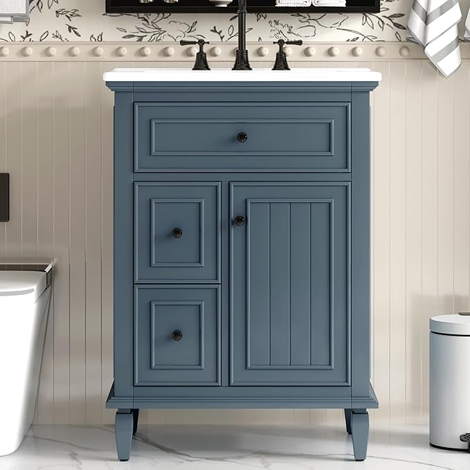 Harper & Bright Designs 24" Bathroom Vanity with Sink, Free Standing Single Basin Vanity Set with Tip-Out Drawer, 2 Drawers, and One Door, Storage Cabinet with Ceramic Basin for Bathroom, Blue Grey