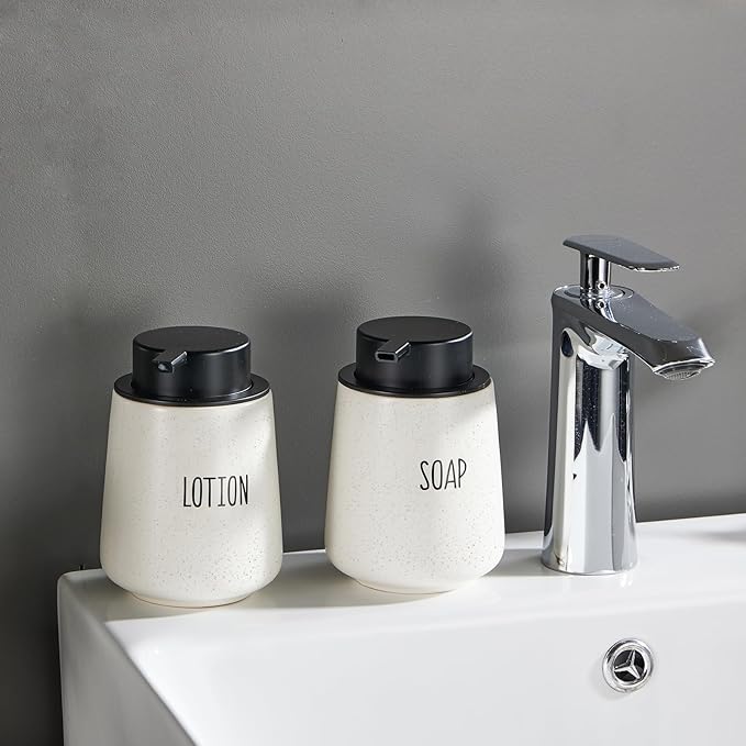 12Oz Hand Soap Dispenser Set - 2 Pack Ceramic Foam Soap Dispenser Set with Easy-to-Press Black Pump, Refillable Mordern Foaming Dish Soap Dispensers for Bathroom & Kitchen (Beige, Foam Pump)