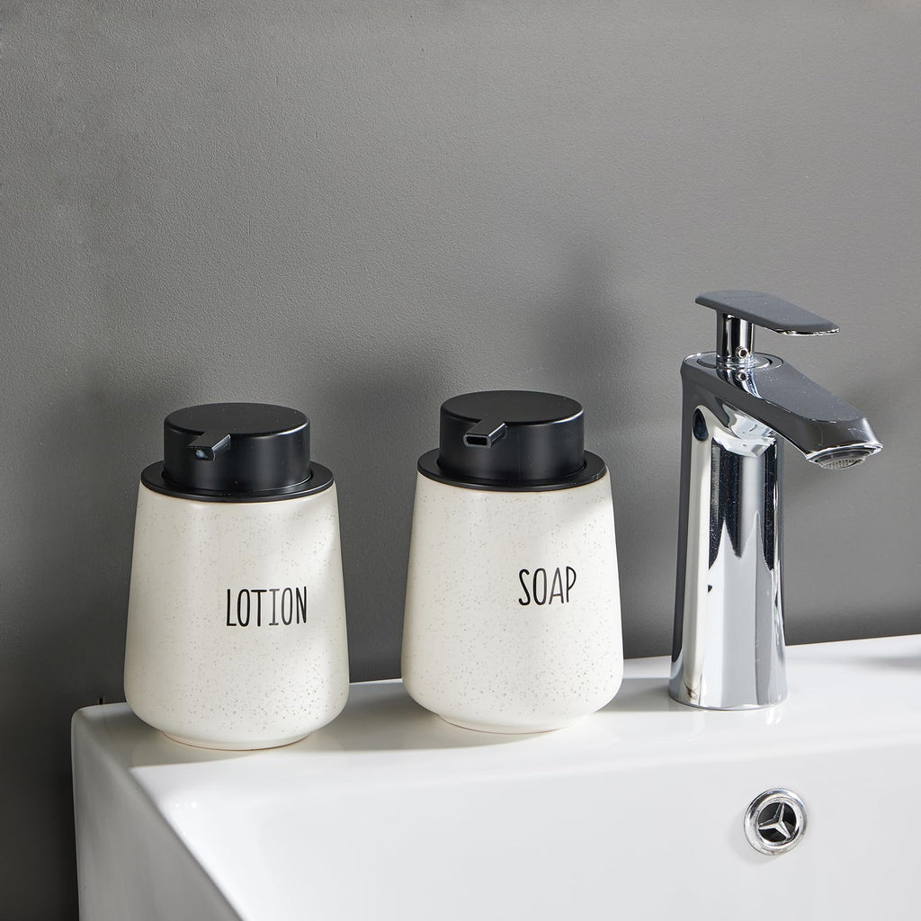 12Oz Hand Soap Dispenser Set - 2 Pack Ceramic Foam Soap Dispenser Set with Easy-to-Press Black Pump, Refillable Mordern Foaming Dish Soap Dispensers for Bathroom & Kitchen (Beige, Foam Pump)