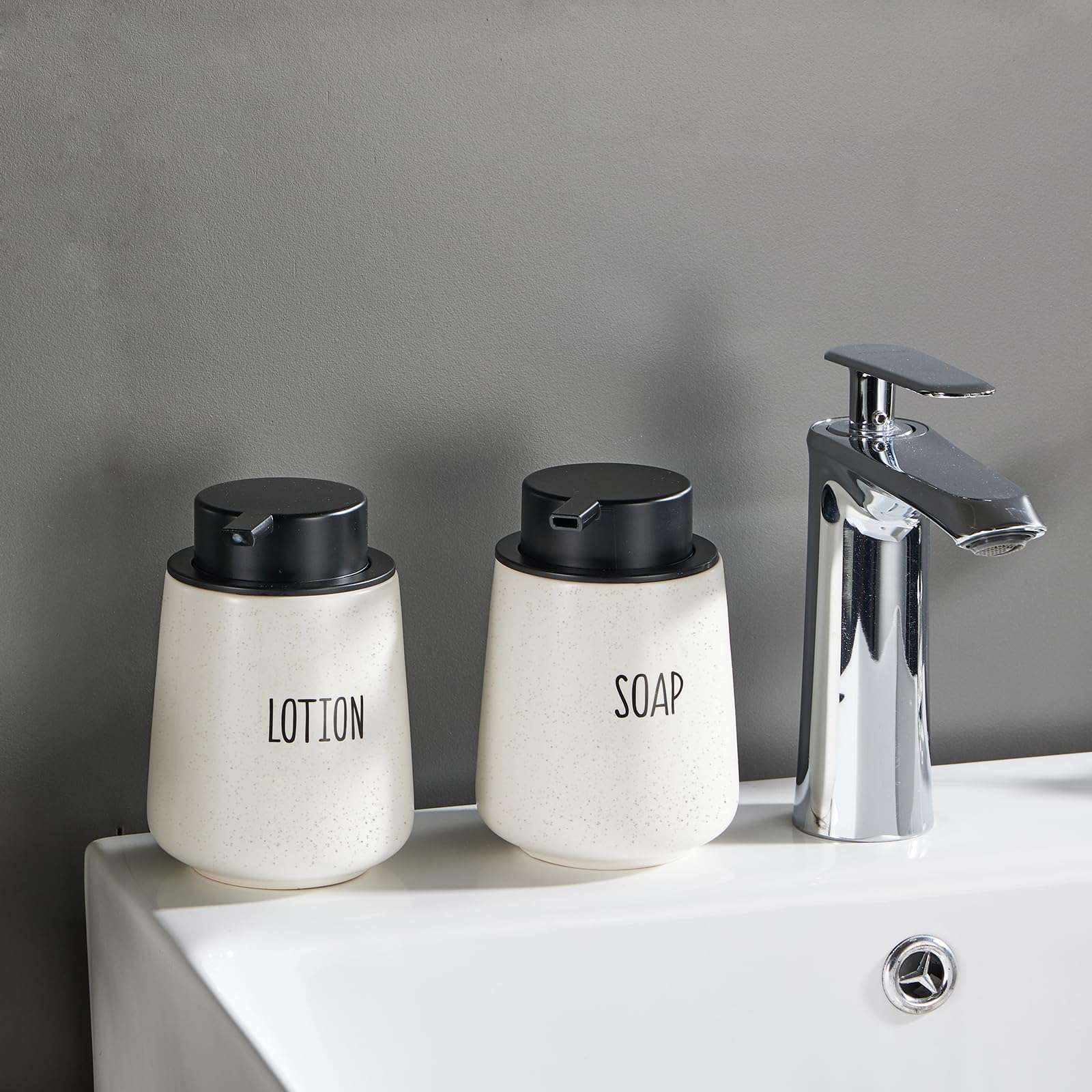 12Oz Hand Soap Dispenser Set - 2 Pack Ceramic Foam Soap Dispenser Set with Easy-to-Press Black Pump, Refillable Mordern Foaming Dish Soap Dispensers for Bathroom & Kitchen (Beige, Foam Pump)