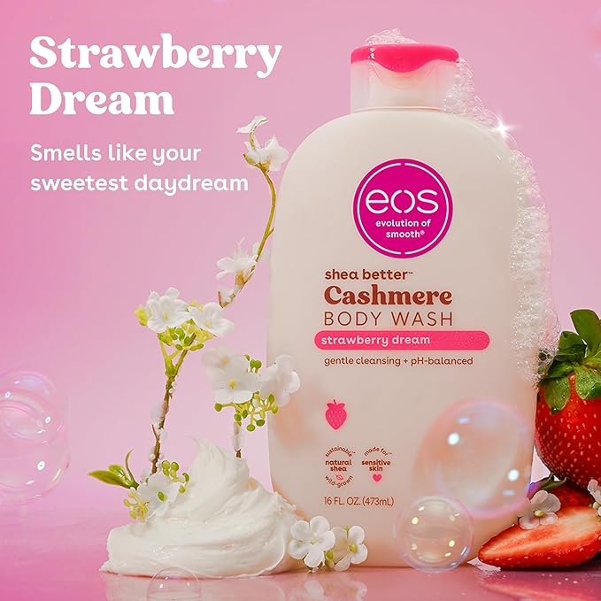 eos Cashmere Body Wash – Strawberry Dreams, Moisturizing Body Wash, Creamy Gel Formula, with Shea Butter, Glycerin, Vitamin E, pH Balanced, Sensitive Skin, Vegan, 16 fl oz