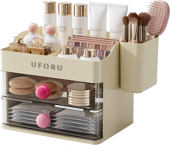 UFORU Makeup Organizer for Vanity with Brush Holder, Countertop Skincare Organizer with 2 Drawers, Spacious Cosmetic Display Case for Perfumes, Eyeshadow Palettes, Nail Polishes