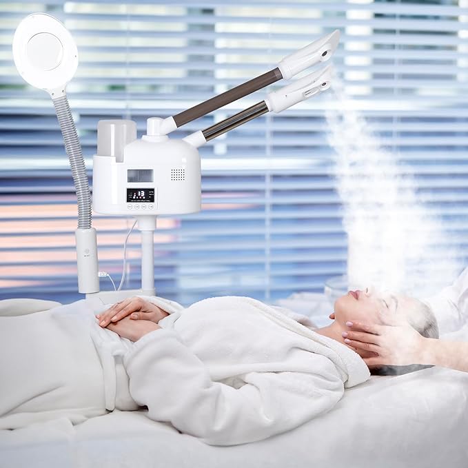 BBBuy Professional 3 in 1 Facial Steamer Deep Cleaning Ozone Facial Steamer with 5X Magnifying Light & Rolling Wheels Hot/Cold Mist Function for Salon Spa Home Beauty Equipment, White