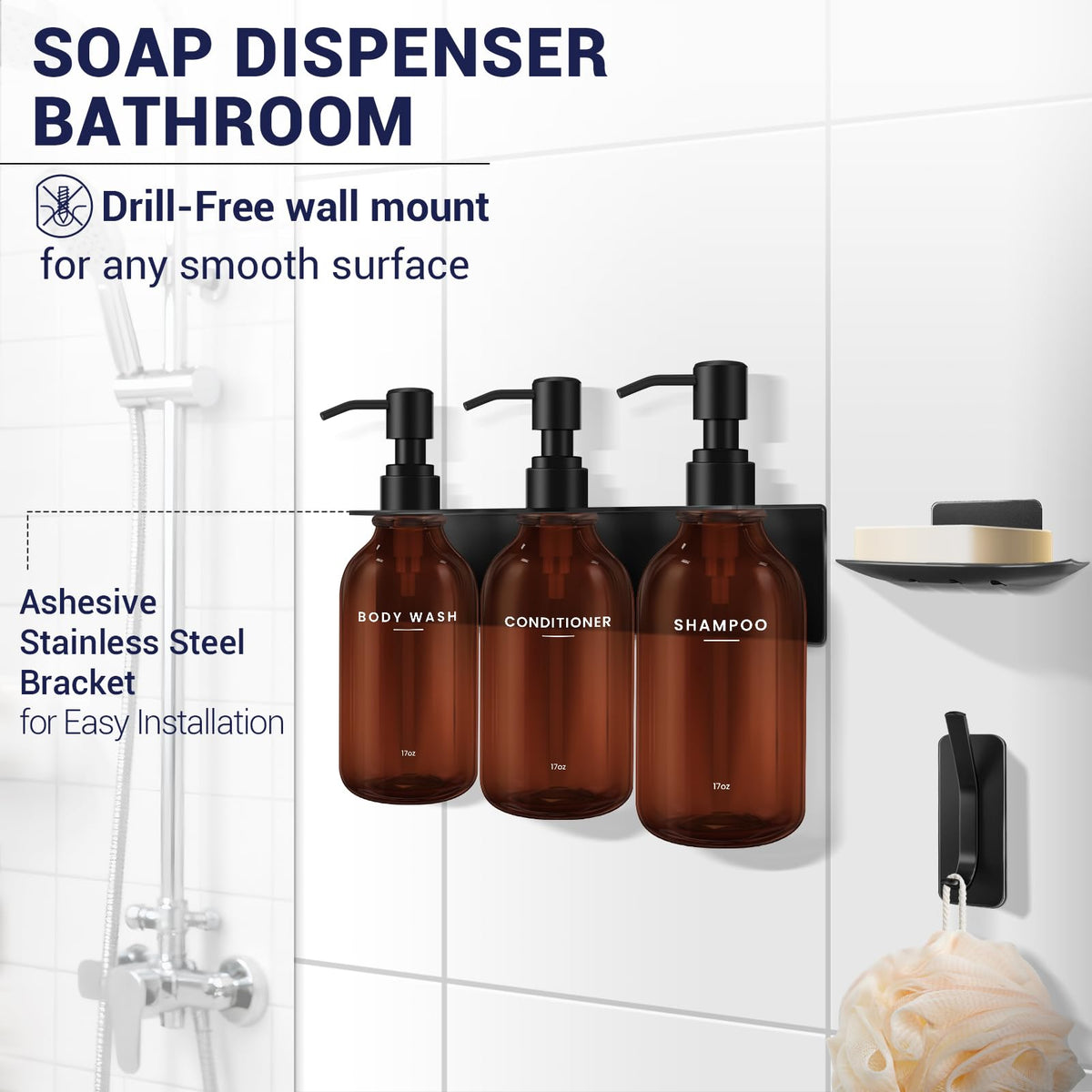 Shampoo Conditioner Body Wash Dispenser Bonus Soap Dish and Hook, Amber