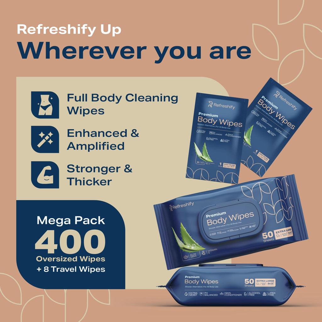 Body Wipes for Adults Bathing No Rinse, XL Shower Wipes and Disposable Washcloths, Wipes for Adults, Adult Wipes for Elderly Care and Recovery, Travel Wipes Included, 8"x 12", 400 Wipes