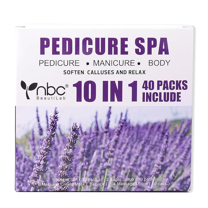 nbc BeautiLab 40 PCS Foot Soak, Pedicure Kit Foot Soak Set With Bubble Salt, Sugar Scrub, Massage Mask, Massage Lotion In a Box 4 Step Foot Spa Kit For Dry Cracked Feet, Tired Feet,10 Set Lavender