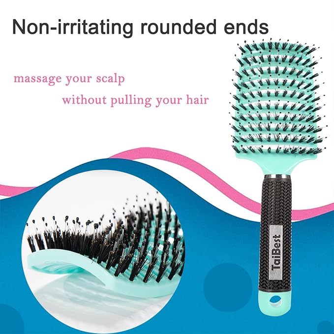 TaiBest Boar Bristle Hair Brush Set - Dry/Wet Hair Brush Detangler for Fine, Thick, Curly Hair - Curved and Vented Brush for Women, Men or Kids (Green & Apricot Pink)