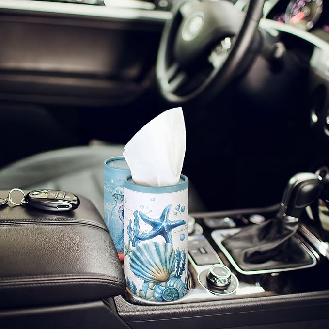 Fourluoo 12 Pack Summer Ocean Car Tissue Cylinder Holder Bulk with 3 Ply Facial Tissues Starfish Round Napkin Holders for Cup Holder Cylinder Colorful Travel Paper Tubes Bulk Napkin Boxes Packs