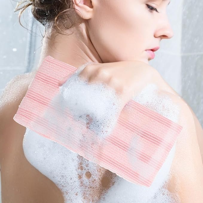 HEALLILY 2pcs Exfoliating Back Scrubber Straps Double-Sided Bath Towels for Body Skin Cleansing and Dead Skin Removal, Long Handle Shower Towels for Household Bath Use, Blue and Pink