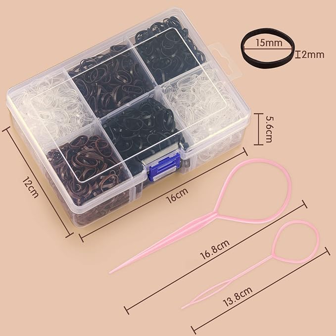 Funtopia Mini Hair Ties, 2500Pcs Soft Hair Rubber Bands and Elastics for Girls Women with Organizer Box (Black, Clear, Brown, Dark Brown)