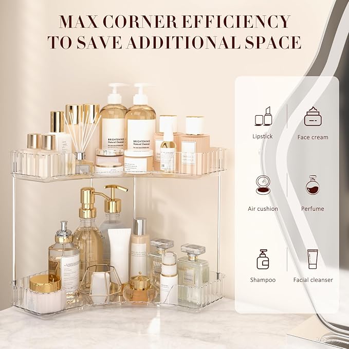 2-Tier Corner Bathroom Counter Organizer, Large Makeup Organizer For Vanity, Skincare Perfume Organizers For Women Or Men, Exquisite Corner Shelf For Bathrooms, Kitchens, Or Bedroom, (Clear, 2 Tier)
