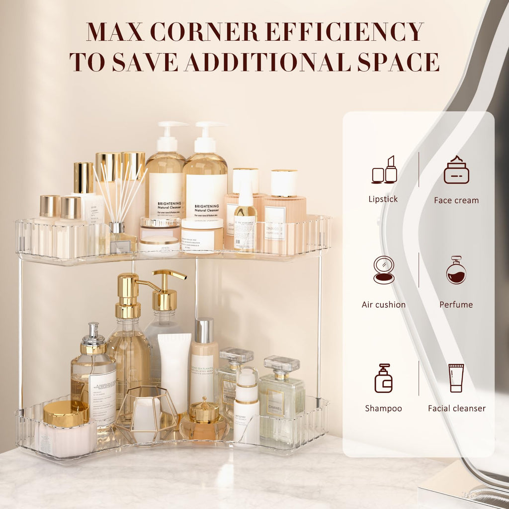 2-Tier Corner Bathroom Counter Organizer, Large Makeup Organizer For Vanity, Skincare Perfume Organizers For Women Or Men, Exquisite Corner Shelf For Bathrooms, Kitchens, Or Bedroom, (Clear, 2 Tier)