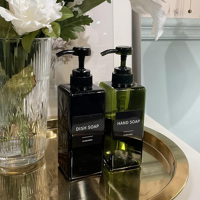 Soap Dispenser with Waterproof Labels, Thickened Plastic Hand Soap Dispenser for Bathroom, Kitchen Dish Washing Liquid Bottles, Shampoo and Conditioner Bottles with Funnel (16oz 4Pack Black Green)