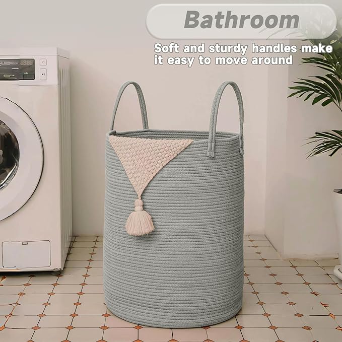 JMvicyroam Large Woven Laundry Basket Hamper,60L Cotton Rope Storage Bin for Blankets,Toys and Clothes,Decorative Tall Nursery Hamper for Living Room,Baby Nursery,Bathroom and Bedroom,Grey