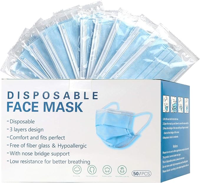 mystcare Disposable Face Mask 50 Pack Individually Packaged Wrapped Protection For Adults 3-layer Filter Safety Face Masks