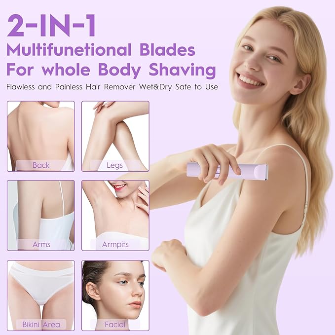2026 Upgraded 2 in 1 Bikini Trimmer for Women with LCD Display,Dual Head Cordless Electric Bikini Shaver,IPX7 Waterproof Wet/Dry Body Hair Trimmer for Face,Violet