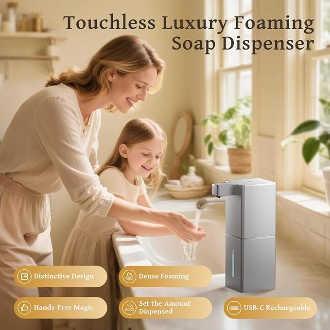 Vuswikoti P12 Automatic Foaming Soap Dispenser - Touchless, 4-Level Adjustable Foam, 1200mAh Large Capacity Rechargeable Battery, Distinctive Angular Design for Bathroom, Kitchen