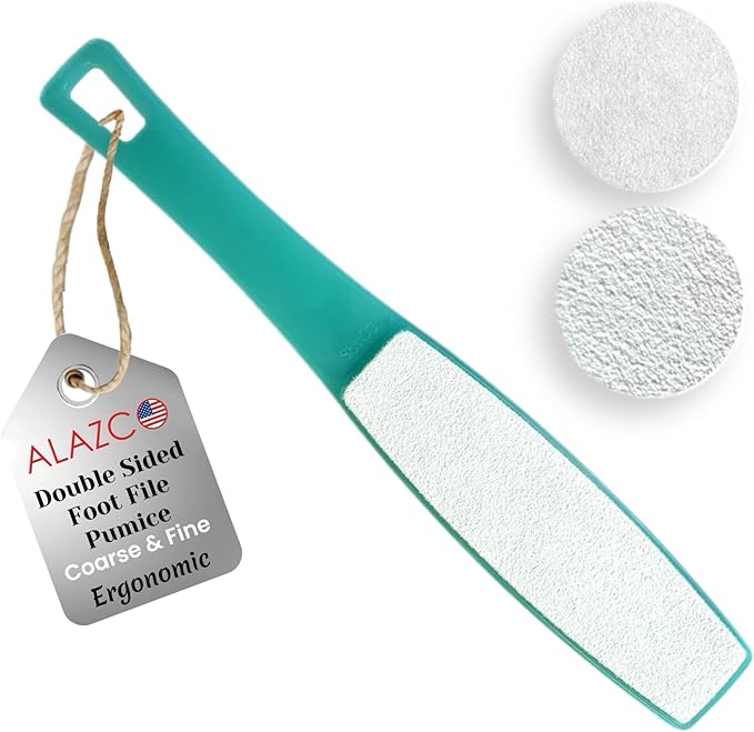 1 ALAZCO Double Sided Foot File Pumice Ergonomic Handle Scrubber Immediate Result Smooth Feet Heel Scraper Exfoliate Buffer Dead Skin Callus Corn Emery Fine & Coarse Pedicure Tool