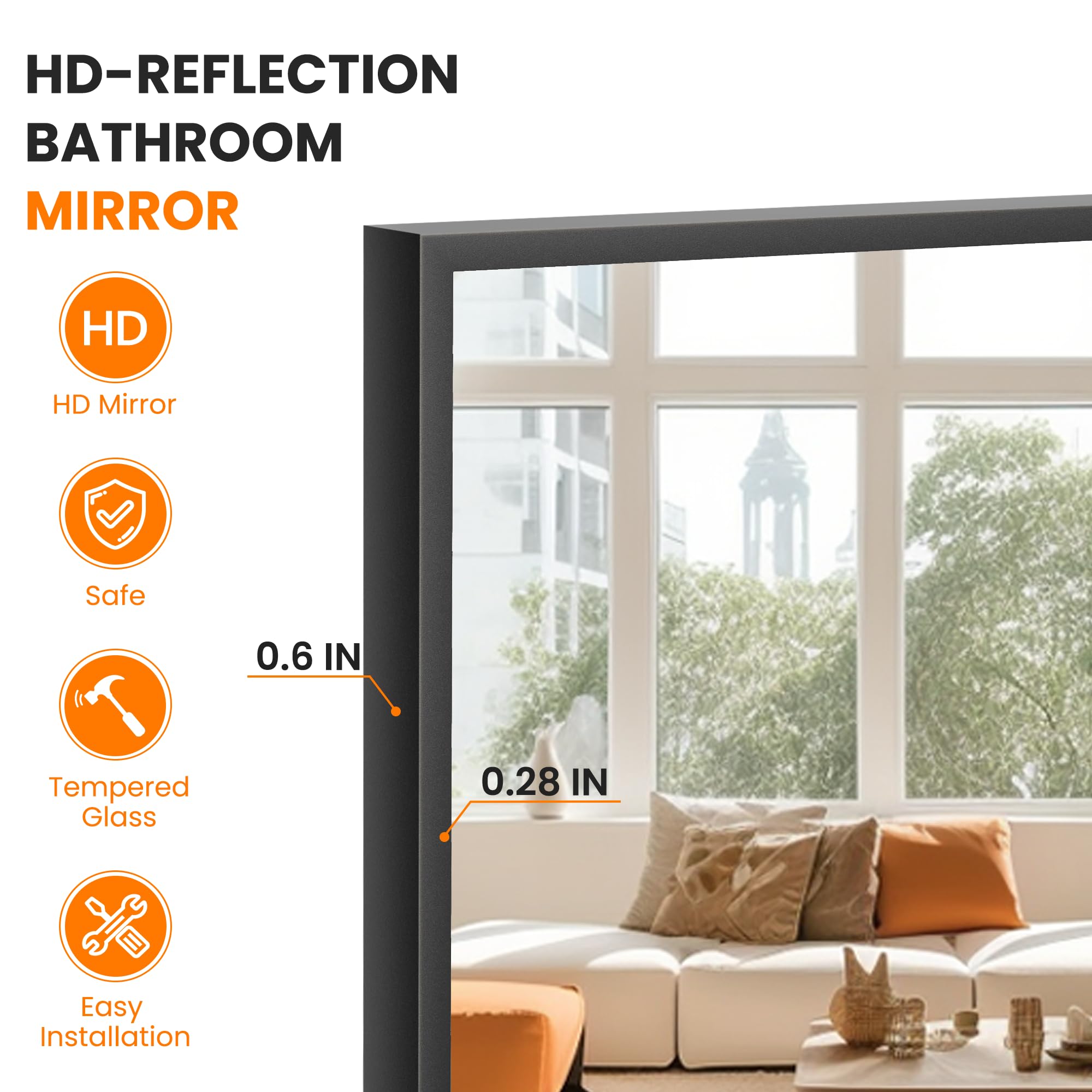 TRAHOME Bathroom Vanity Mirror for Wall, 36" x 24" Metal Framed Rectangular Bathroom Wall Mirror for Over Sink, HD Shatterproof Glass, Hangs Horizontally or Vertically(Black)
