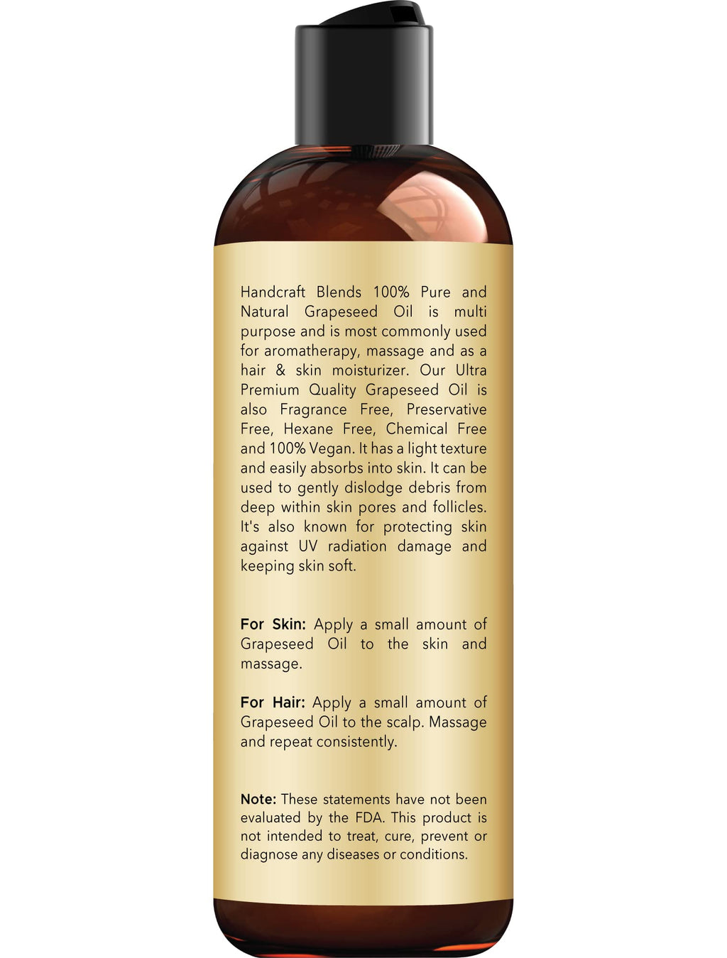 Handcraft Blends Grapeseed Oil | 100% Pure and Natural | Bath & Body Oil | Premium Grade Carrier Oil | Skin | Hair | Body | Massage | Cold-Pressed | Hexane-Free | 8 Fl Oz