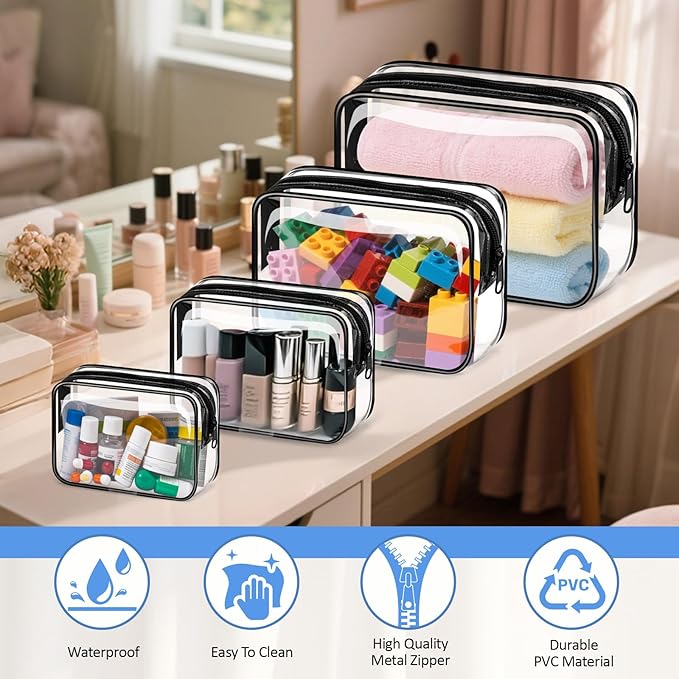 CHICAUP 4 Pieces Clear Cosmetic Bags Bulk TSA Approved Toiletry Bag for Travel PVC Waterproof Clear Makeup Pouch with Zipper for Men and Women Carry-on Travel Essentials