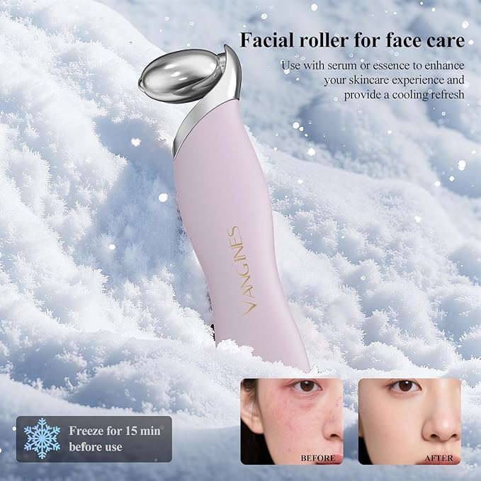 Vangines Ice Roller for Face & Eyes, Cooling Facial Roller with Blackhead Remover & 2 Silicone Brushes, Stainless Steel Face Roller for Puffiness, Pores & Deep Cleansing (Purple)