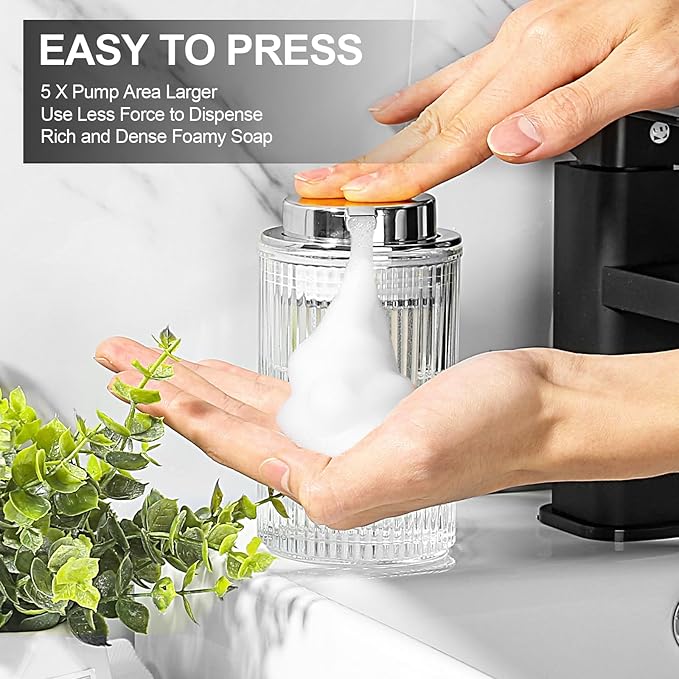 Foaming Soap Dispenser, 11 Fl Oz Clear Glass Foam Hand Soap Dispenser for Bathroom & Kitchen, Refillable Foaming Bottle with Sliver Pump, Modern Ribbed Dish Soap Foam Dispenser