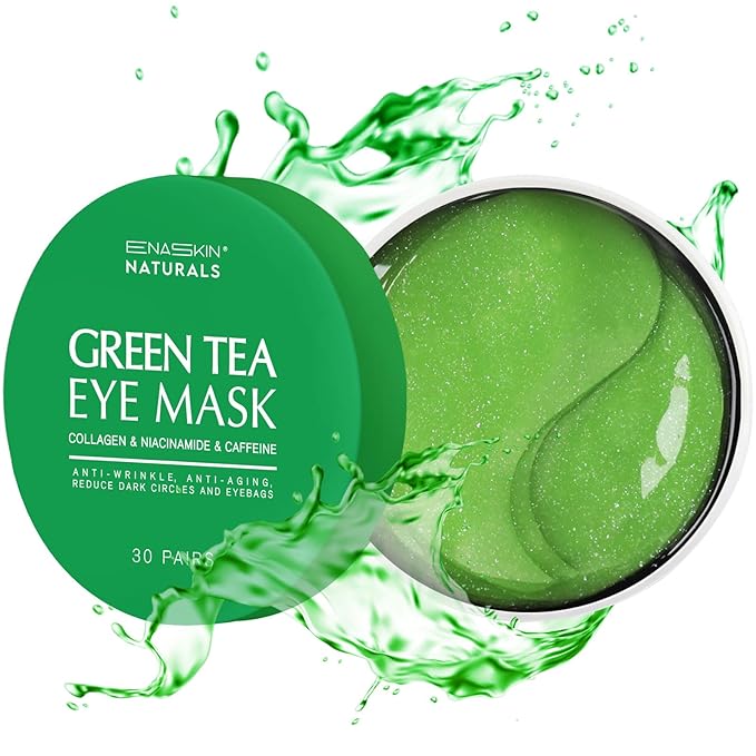 Enaskin Naturals Under Eye Patches for Women and Men: 30 Pairs Green Tea Eye Masks with Caffeine, Collagen & Hyaluronic Acid - Cooling Hydrogel Eye Gels for Refreshed-Looking Skin (Green Tea)