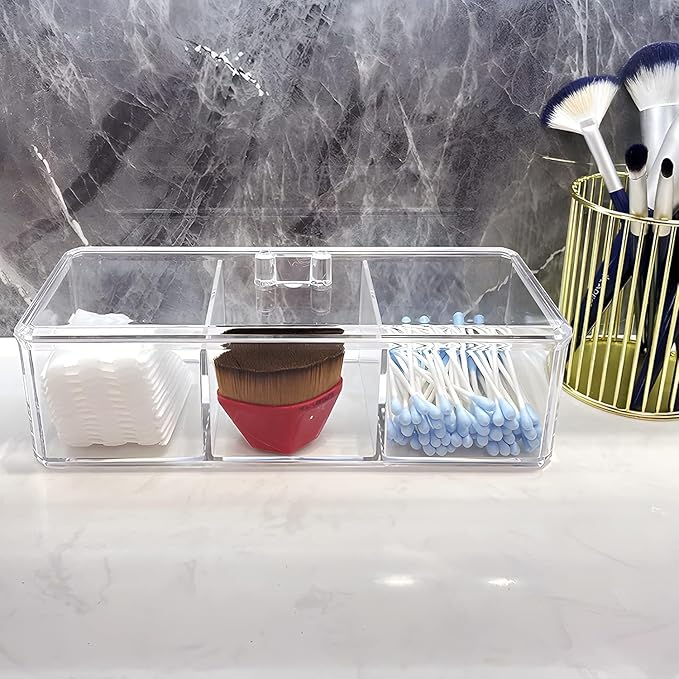 Qtip Holder Dispenser for Cotton Balls, Swabs, Pads, Floss Picks, 3 Compartments Clear Acrylic Container Box with Lid for Bathroom Canister Storage Organization, Vanity Makeup Organizer (#A)