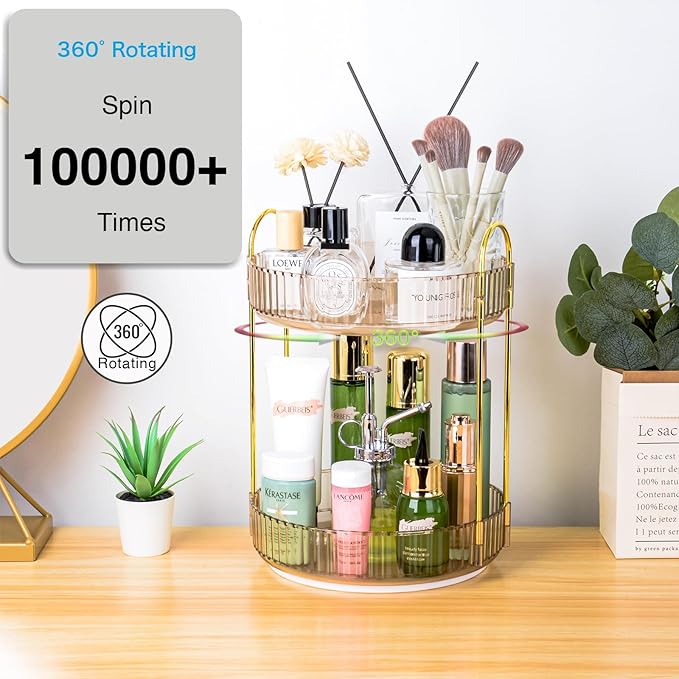 Niluks 360 Rotating Makeup Organizer - Large Capacity Spinning Perfume & Cosmetic Skincare Holder for Vanity & Countertop (Vibrant Orange, 2 Tier)