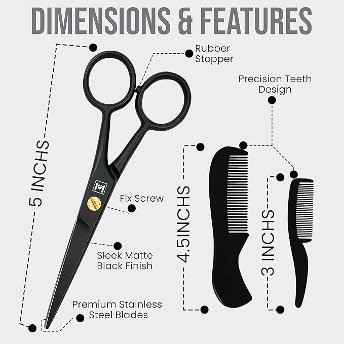 WAJEES Beard & Mustache Scissors –5" Stainless Steel Grooming Kit with Case