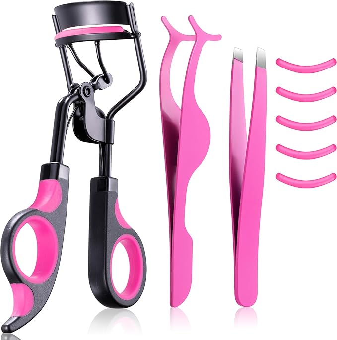 3-in-1 Professional Eyelash Curler Kit – Salon-Perfect Lashes at Home!Includes: Eyelash Curler (w/Replacement Pad), Eyebrow Tweezers & Curved Applicator Toolr – Travel-Friendly & Pain-Free (Red)