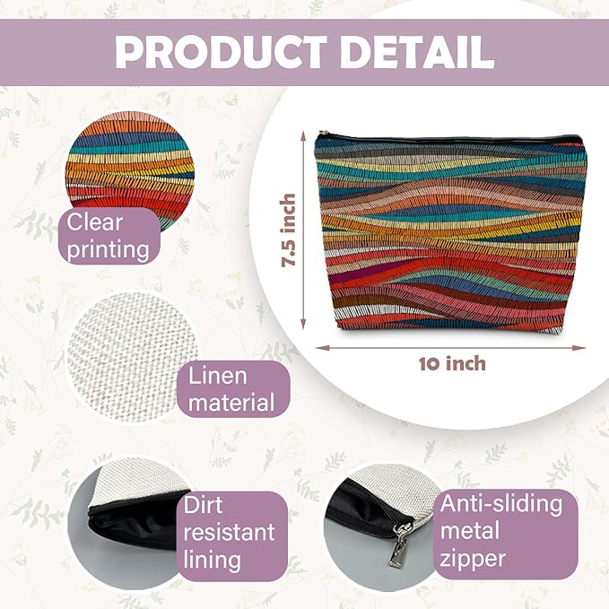 RYYCDOI 70s Retro Colorful Wavy Makeup Organizer, Vintage Aesthetic Women's Makeup Bag