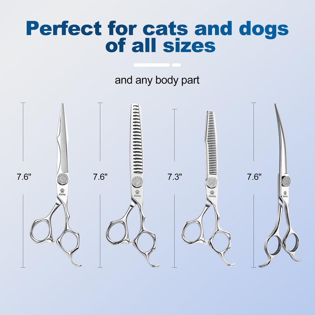 GLADOG Luxury Dog Grooming Scissors Set - 7" Straight, 6.5" Thinning, 7" Chunkers, 7" Curved - 9CR Steel, Silver Luxe, Right Hand, Plastic Handle, 4 Count