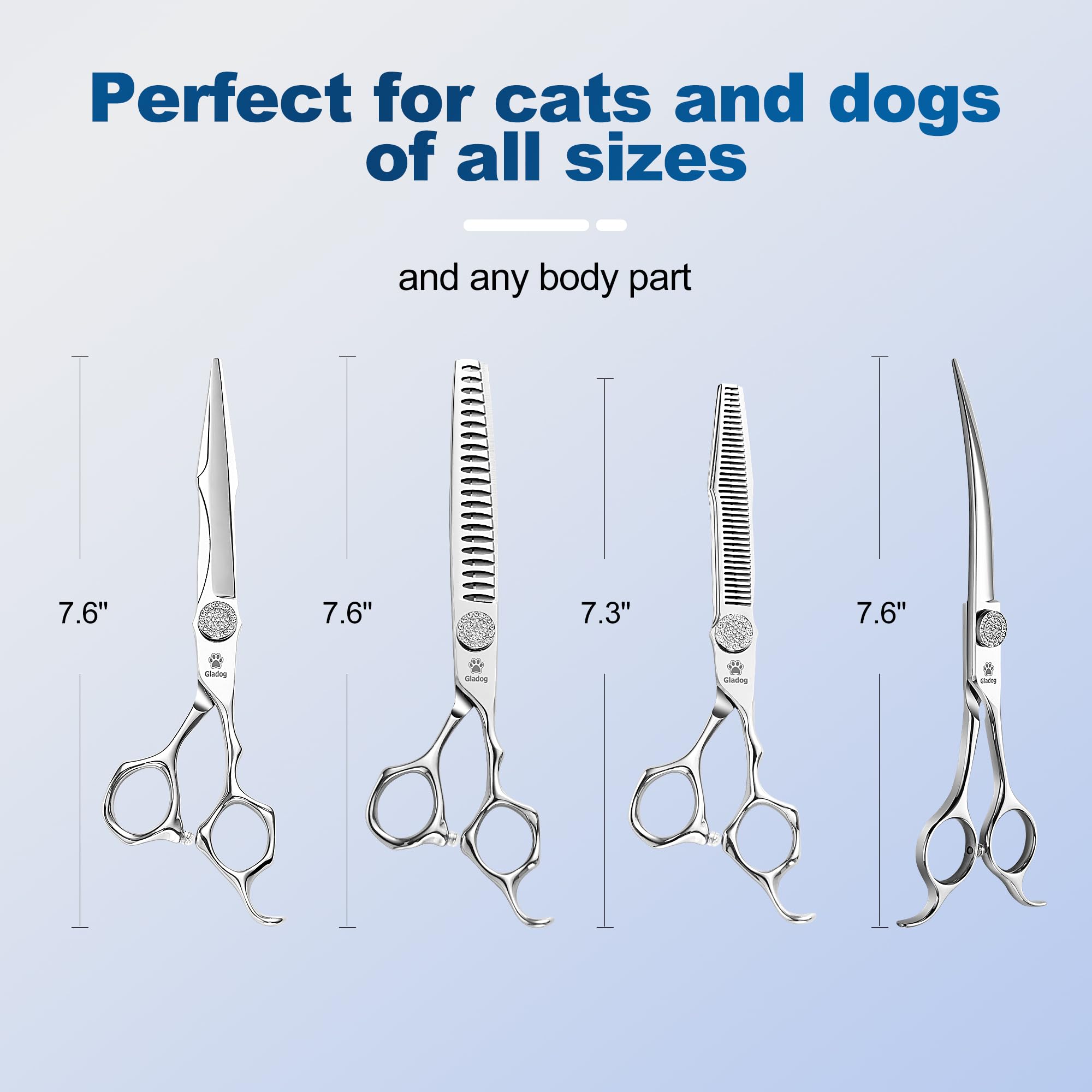 GLADOG Luxury Dog Grooming Scissors Set - 7" Straight, 6.5" Thinning, 7" Chunkers, 7" Curved - 9CR Steel, Silver Luxe, Right Hand, Plastic Handle, 4 Count