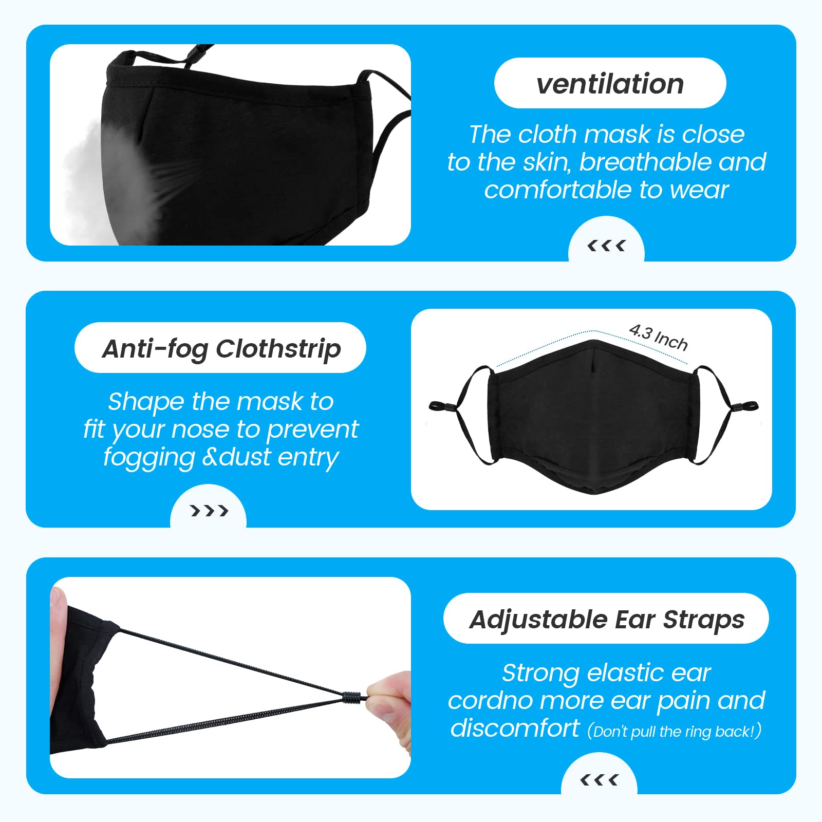 3-Ply Cloth Face Mask 6 Pack,Washable, Reusable and Breathable Face Covering with Adjustable Ear Protection Loops women/men (Black*6)