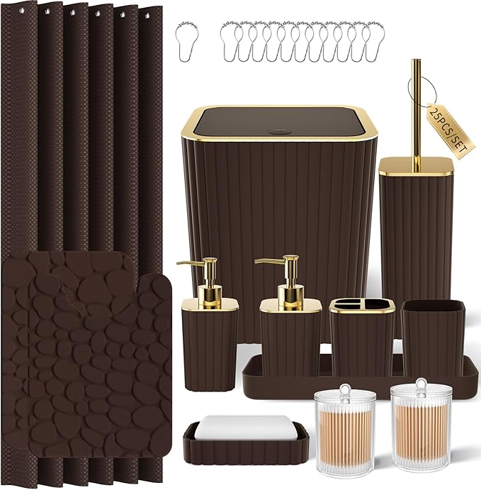 XLHOMO Bathroom Accessory Set - 25PC Green Bathroom Sets, Bathroom Set with Shower Curtain and Rugs, Dark Green Shower Curtain Set, Trash Can, Qtip Holder & Soap Dispenser