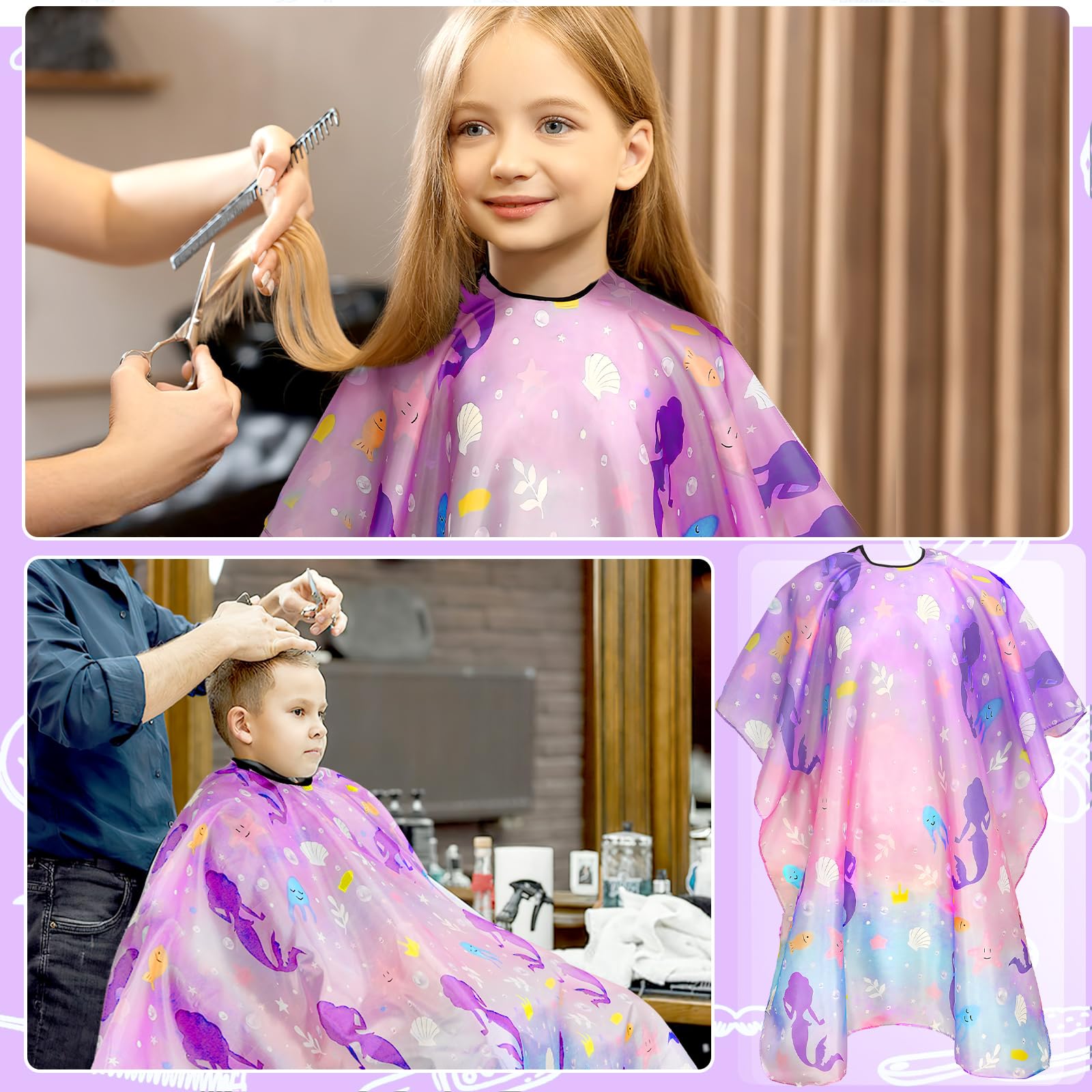 FEBSNOW Kids Hair Cutting Cape, Professional Barber Cape and Neck Duster Brush Cartoon Hairdresser Apron with Adjustable Closure for Children & Adults 55x39 Inches