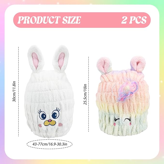 Ksheria 2 PCS Microfiber Hair Towel Wrap for Kids, Girls & Women,Cute Unicorn and White Rabbit Dry Hair Cap - Super Absorbent Quick Drying, Lightweight Turban Towel for Wet Hair