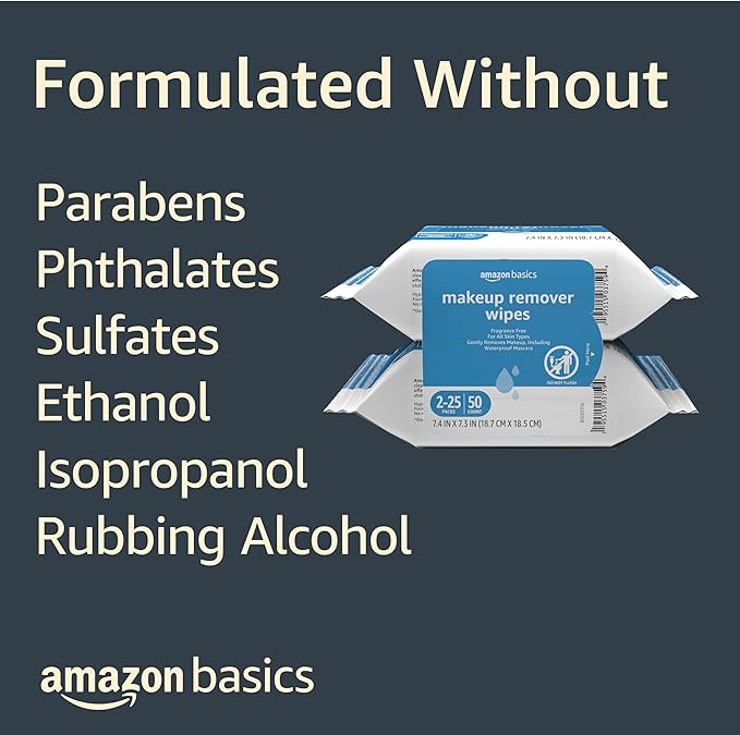 Amazon Basics Makeup Remover Wipes, Formulated without Fragrance and Alcohol-Free, Gentle Cleansing, Removes Waterproof Mascara, Dermatologist Tested, 25 Count, Pack of 2