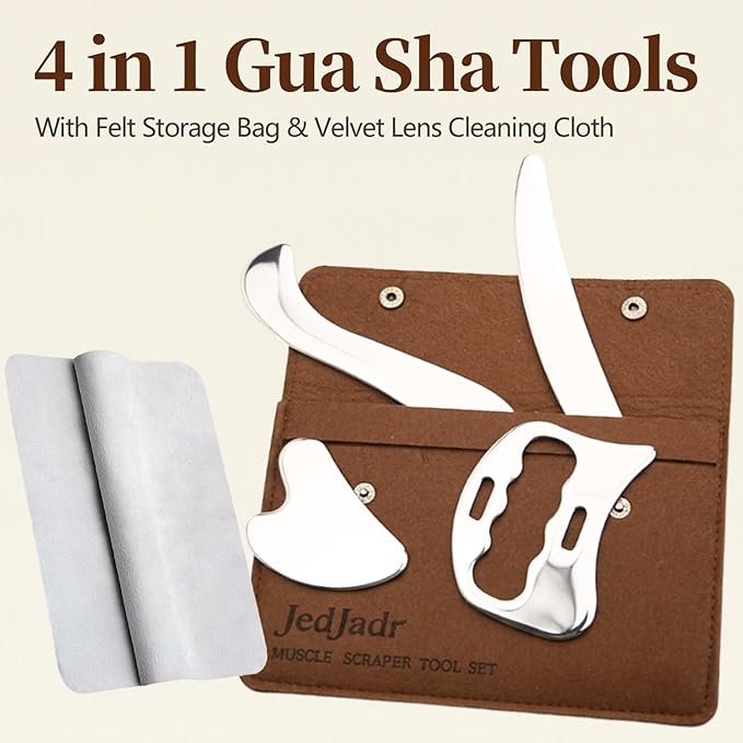 JedJadr 4 in 1 Stainless Steel Massage Scraper Tool Set for Deep Tissue Relief, IASTM Tool and Gua Sha Massage Tools for Muscle Recovery, Physical Therapy Scraping Tool with Facial Gua Sha