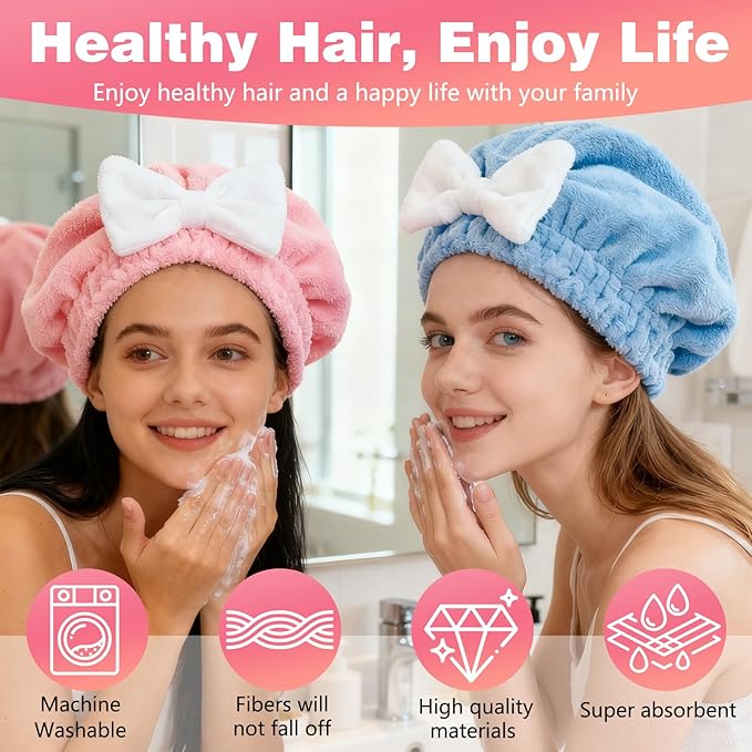 4PCS Super Absorbent Hair Towel Wrap for Wet Hair,Microfiber Hair Drying with Caps Bow Design,2026 New Fast Drying Hair Turban Wrap Towels Shower Cap for Girls and Women(Pink, Blue,Yellow,Red)