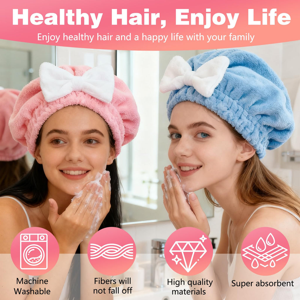 4Pcs Super Absorbent Hair Towel Wrap for Wet Hair, Microfiber Hair Towel Wrap Quick-Drying Thickened Hair Towels, Soft Bow Tie Wet Hair Towels Wrap for Women Girls (Pink+Blue+Yellow+Red)