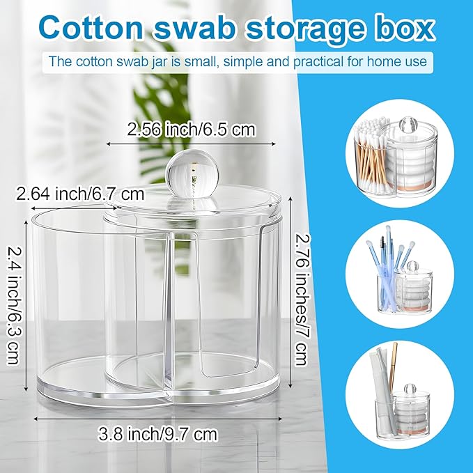 Gsbnjuy Cotton Swab Holder Dispenser Dual-Compartment Cotton Organizer Clear Vanity Canister with Removable Dustproof Lid Bathroom Accessories Storage Organizer for Cottons Swabs Balls Pads Floss