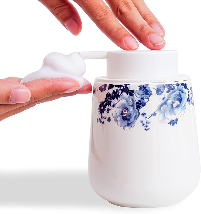 Agyiuns Soap Dispenser, Ceramic Foaming Soap Dispenser with Easy-to-Press Pump for Bathroom 10.8 oz refillable Liquid Hand soap Dispenser for Hand sanitizers, lotions (Blue Flower Foam Dispenser)